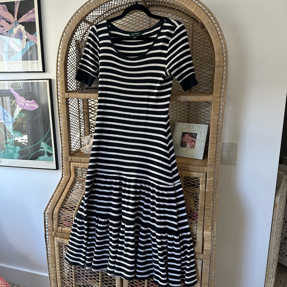 Ralph Lauren Navy and White Striped Midi Dress